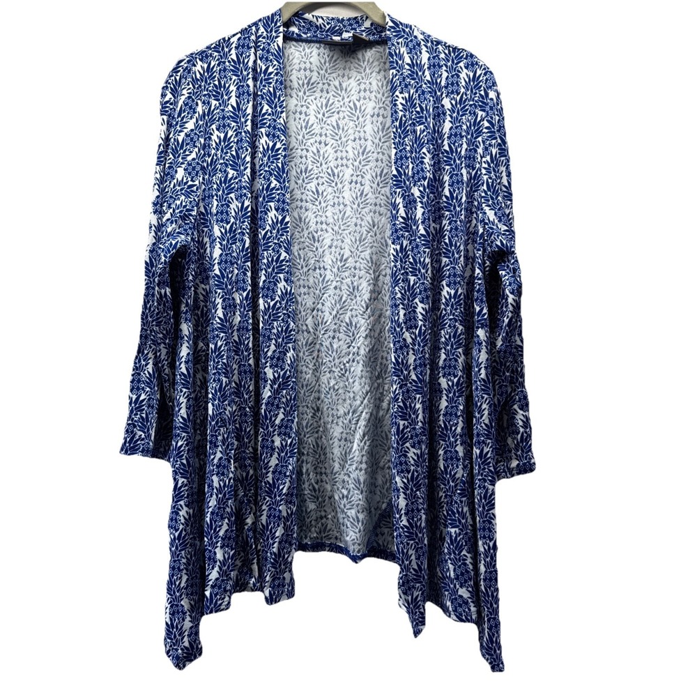 Chicos Travelers Women's Cardigan Size Med Blue White Open Asymmetrical Stretch